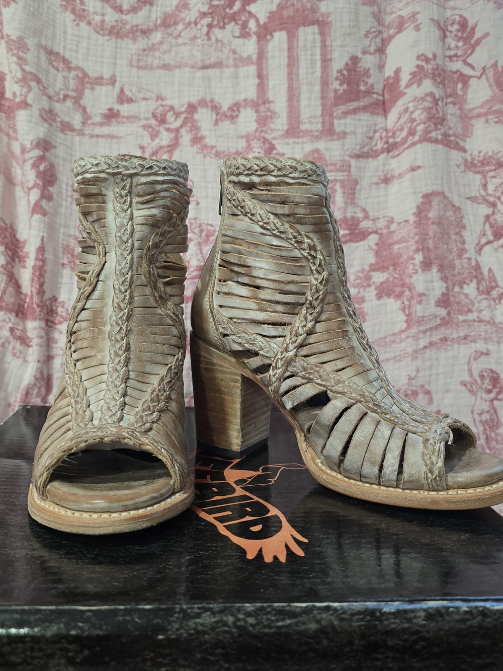 Freebird Taupe Braided Cutout Peep-Toe Block Heel Leather Sandals